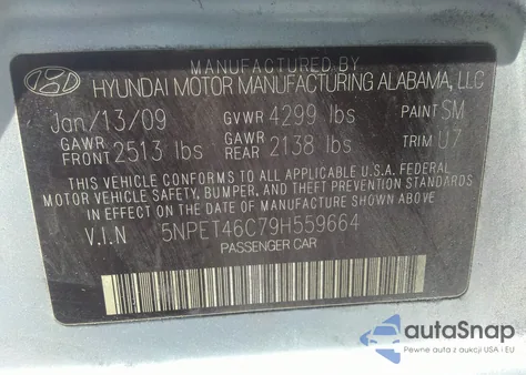 2009 Hyundai Sonata Gls из США, поврежденный, VIN 5NPET46C79H559664